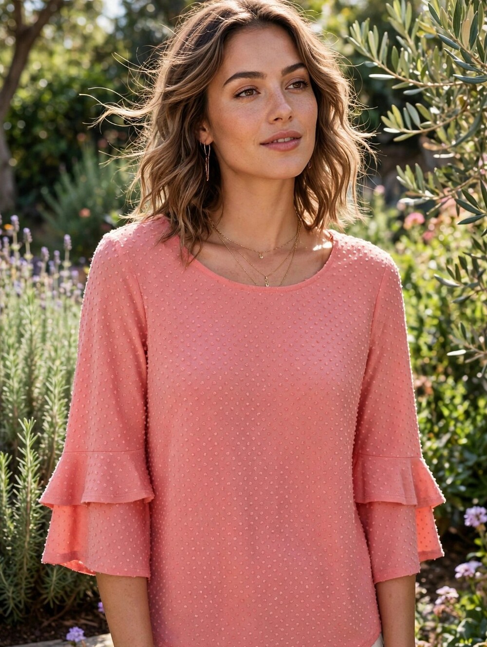 Ruby Rd. Pink Swiss Dot Ruffle Sleeve Blouse